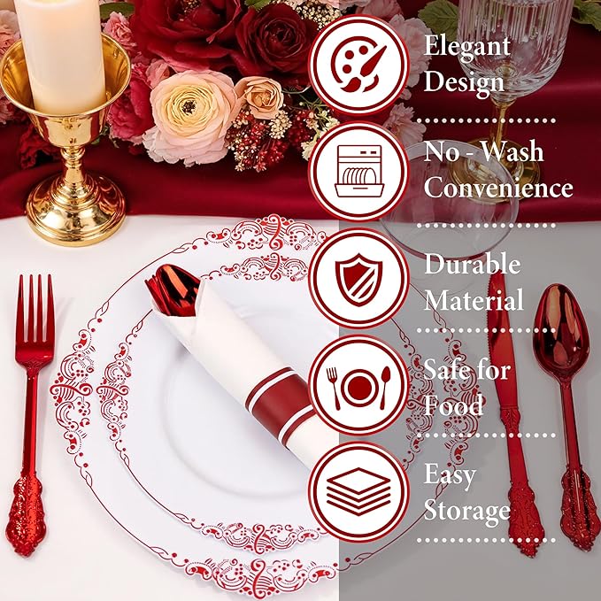 Nervure 350PCS Red Plastic Plates - White Red Plastic Dinnerware Set for 50 Guests - 100 Red Disposable Plates, 50 Pre Rolled Cutlery Set, 50 Cups Perfect for Wedding & Party & Valentine