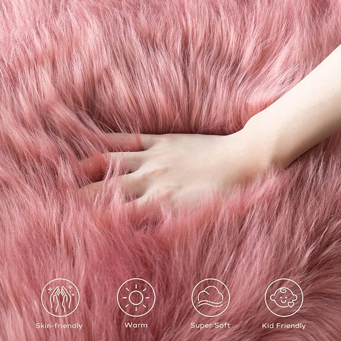 Ashler Faux Fur Area Rug - Fluffy Shaggy 2 x 3 Feet Sheepskin, Blush Pink Fuzzy Machine Washable Shag, Nursery Decor, Bedroom, Living Room, Kids Room
