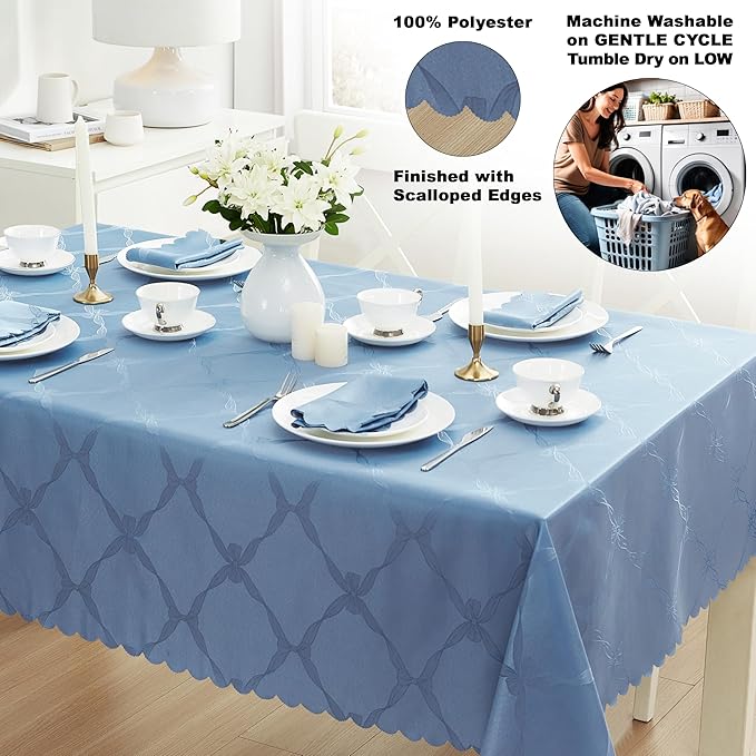 Newbridge Ribbons and Bows Damask Spring & Easter Holiday Fabric Tablecloth, Blue, 60 x 102 Inch Rectangle, Wrinkle & Stain Resistant Table Cover