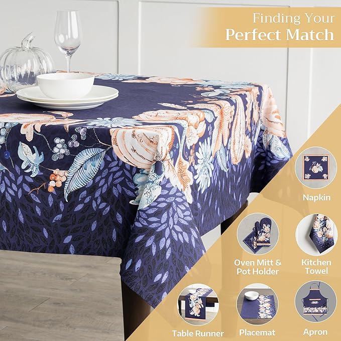 Maison d' Hermine Table Cloth Rectangle Table 100% Cotton 60 x 90 Inches Fall Tablecloth Reusable Everyday Use for Thanksgiving Christmas Decorations Dining Farmhouse Party (Pumpkin Blues)