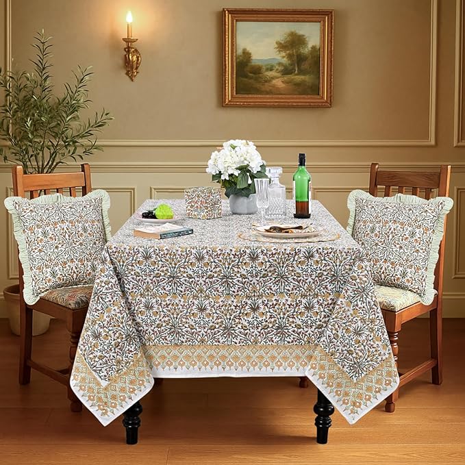 Ridhi Hand Block Print Goldenrod Yellow Rectangle Cotton Tablecloth 118" x 70" Reusable Table Cover Decorative Everyday Use for Dining, Farmhouse, Home Gift for Spring, Easter, Valentine