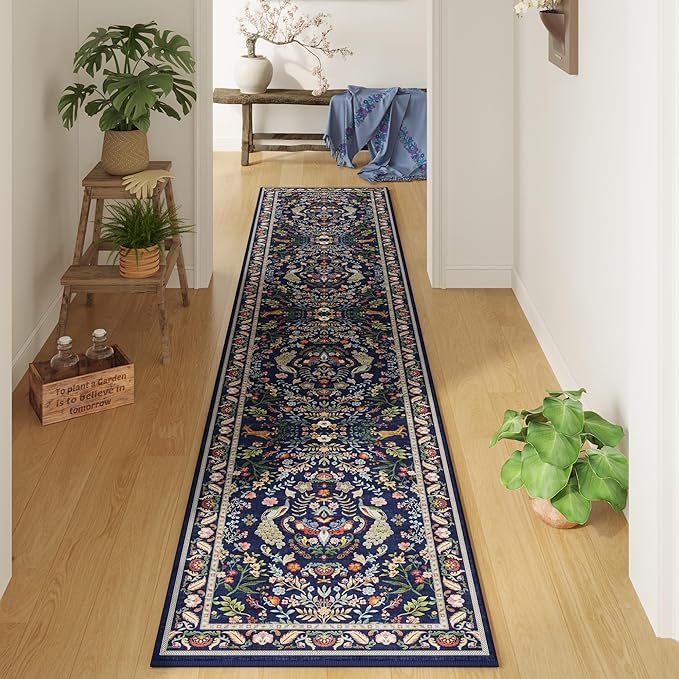Rugcomf Runner Rug Washable Kitchen Runner 2'x 10' Runner Rug for Entryway Indoor Floral Soft Non-Slip Carpet Runner for Hallways, Kitchen, Laundry, Bedroom, Bathroom(Blue)