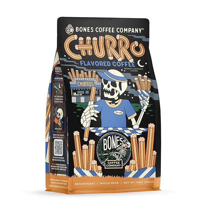 Bones Coffee Company Churro, Sweet Sugary Cinnamon Flavored Coffee, Medium Roast Low Acid Arabica Beans Compatible with Auto drip and French Press Coffee Maker, 12 Oz Whole Bean