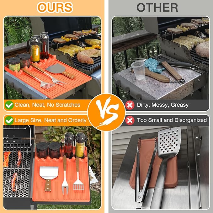 Valentines Day Gifts for Him - Silicone Griddle Tool Mat Compatible with Blackstone Weber - Flat Top Grill Pellet Smoker Side Shelf Spatula Mat with Drip Pad - BBQ Grilling Accessories (Orange)