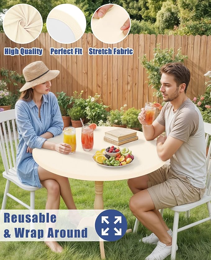 Round Spandex Tablecloth, Elastic Fitted Waterproof Tablecloths for 25"-30" Tables, Stretch Washable Picnic Table Cover for Camping, Dining, Indoor and Outdoor, Beige