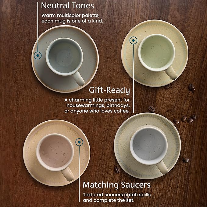 KooK Espresso Mug and Saucer Set, Ceramic Cups and Plates with Rustic Organic Shape and Feathered Texture, Dishwasher and Microwave Safe, 2.7 oz, Set of 4, Neutral Multicolor (2.7 Oz)