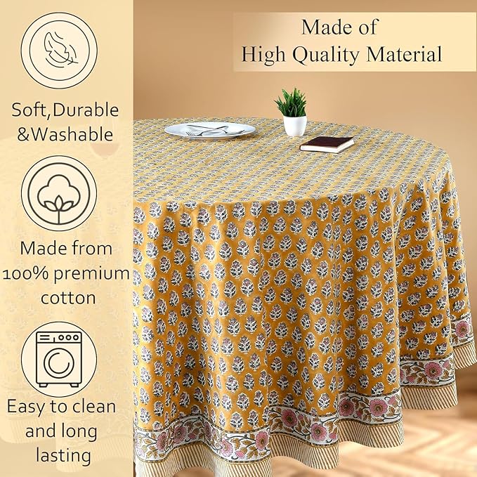 CPC Round Tablecloth- Cotton Indian Block Print Tablecloth -Handmade Printed Washable Cotton Table Cloth - Spring/Summer, Wedding Table Cover - Yellow Citrine 110 Inch