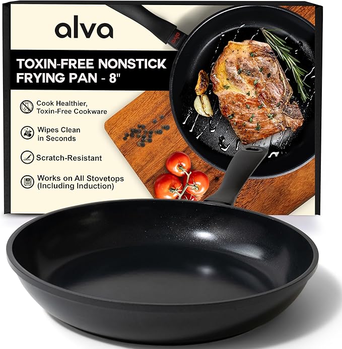 Alva Energy Nonstick Ceramic Frying Pan 8" - Lightweight, Easy to Clean and Made without PFAS, PFOA & PTFE - Induction and All Stovetop Compatible with Even Heat Distribution