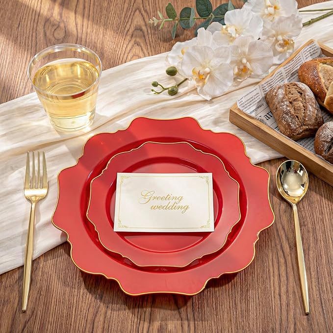 WDF 175Pcs Red Plates - Red Plastic Plates with Gold Rim - Fancy Disposable Dinnerware Sets Ideal for Party/Wedding/Valentine's Day