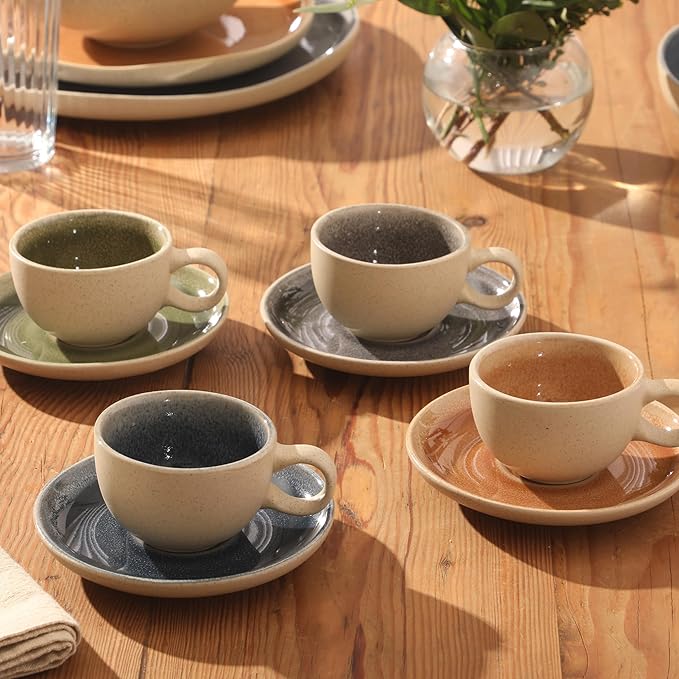Gibson Elite Manila Bay 8-Piece Stoneware 5 oz Cup and Saucer Set, Reactive Glaze Espresso & Coffee Cups with Saucers, Assorted Colors