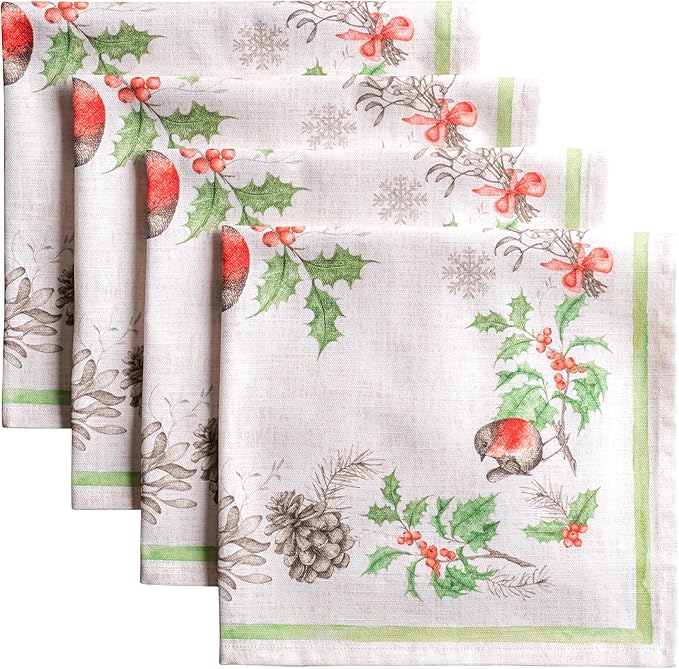 Maison d' Hermine Cloth Napkins Set of 4 100% Cotton for Thanksgiving Christmas Decorations Everyday Reusable Square Fall Napkins Cloth Washable Dinner Party (Christmas Dew, 20"x20")