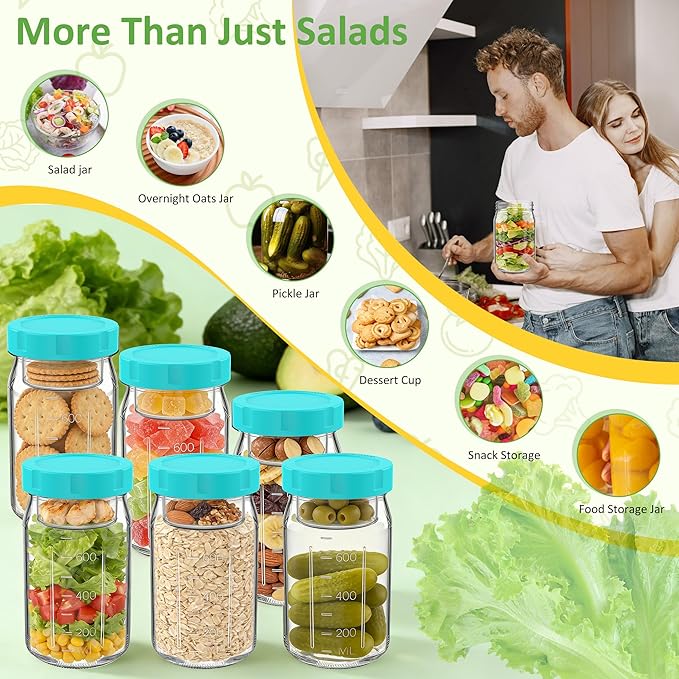 4Pack Glass Salad Jars with Lids, 32oz Salads Mason Jars with Wet/Dry Separation Cup, Meal Prep Salad Containers for Lunch, Leakproof Wide Mouth Food Storage Containers, BPA-Free Reusable (Mint Green)