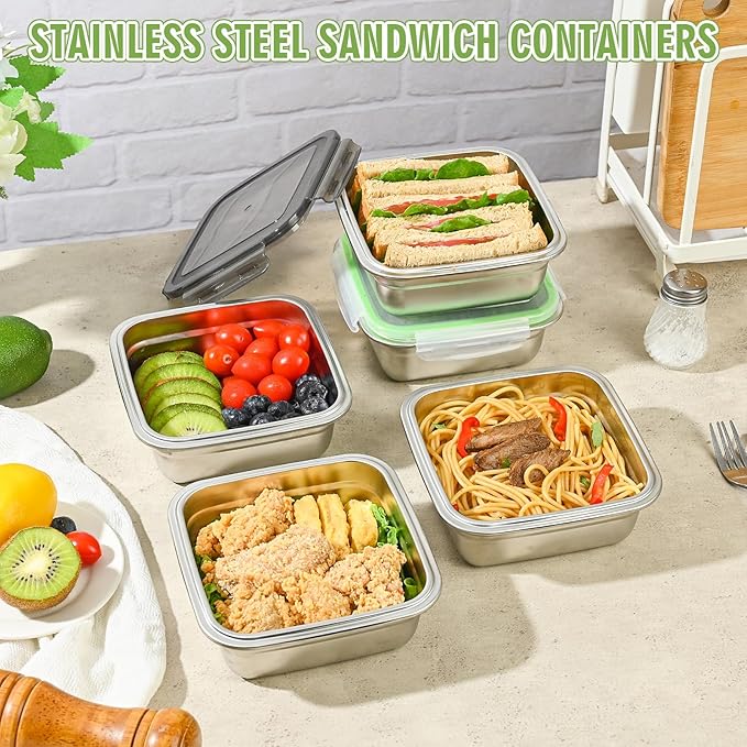 2 Pack Sandwich Containers, 24oz Stainless Steel Sandwich Box with Airtight Lids, BPA-Free, Dishwasher Safe, Durable & Reusable Metal Meal Prep Lunch Boxes for Fruits, Snacks, Bento (Green)