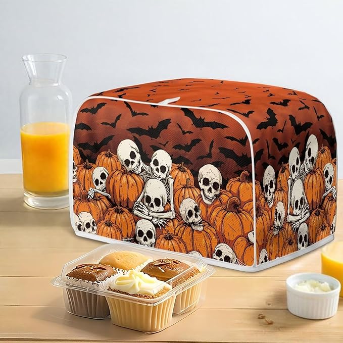 Doojoayie Skull Toaster Cover for Kitchen Decoration Hallowen Theme 4 Slice Bread Machime Cover Dust-proof Protector for Small Appliance