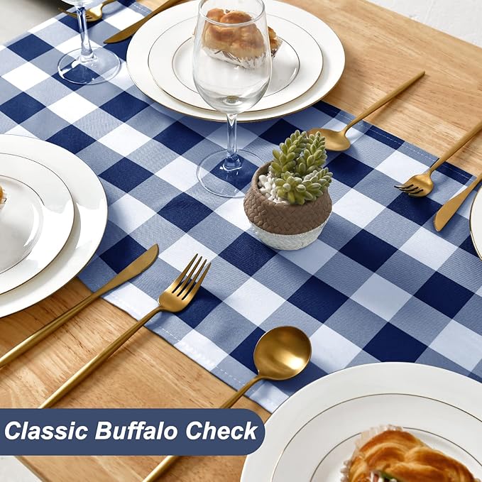 Hiasan Buffalo Plaid Table Runner, Classic Farmhouse Tabletop Collection, Waterproof Table Runner for Kitchen Dining, Banquet, Restaurant, Outdoor Use, 14W x 72L, Navy Blue and White, 1 Piece