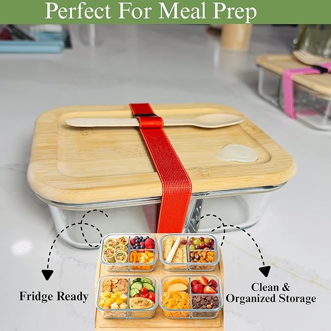 Glass Food Storage Containers with Bamboo Lids, Airtight Containers, Non Toxic Food Storage, Eco Friendly Fridge Storage ContainersIncludes Elastic Bands and Utensils (3)
