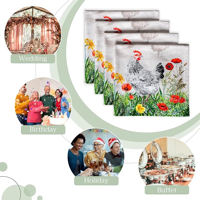 Maison d' Hermine Cloth Napkins Set of 4 100% Cotton Everyday Reusable Square Napkins Cloth Washable Dinner Party Wedding Restaurant Valentines Day Decorations Spring/Summer (Basse Cour, 20" x 20")