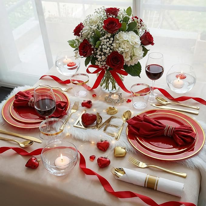 350Pieces Red Plastic Plates with Gold Rim Include 50Dinner Plate 10”, 50Dessert Plate 7”, 50 gold Cups 9 OZ, 50 Pre Rolled Napkins for Party Valentine's Day