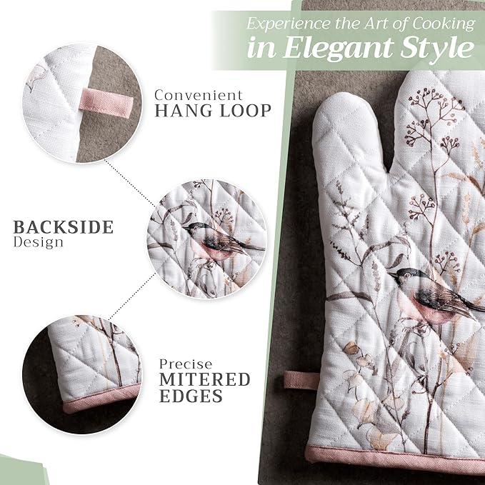 Maison d' Hermine 100% Cotton Oven Mitt & Pot Holder Set (7.5"x13" & 8"x8") Heat Resistant BBQ Cooking Gloves with Loop, Grilling, Kitchen, Handling Hot Pans Spring/Summer (Meadow Florals - Brown)