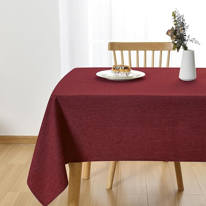 JIUZHEN Red Rectangle Tablecloth, Faux Linen, 52 x 70 Inch, Wrinkle & Spill-Resistant, Farmhouse Style, Perfect for Dining, Parties & Camping