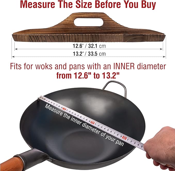 YOSUKATA Carbon Steel Wok Pan – 13,5 “ Stir Fry Pans + Wooden Wok Lid 13.5 + 17" Spatula and Ladle Skimmer + Natural Wooden Long Cooking Chopsticks Set of 3