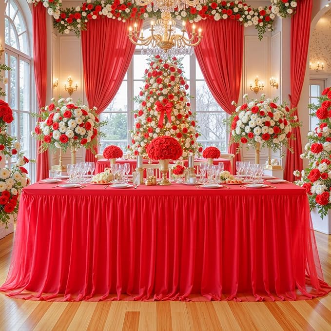 Suppromo Red Tulle Tablecloth for 4 Foot Rectangular Tables, 48 x 24 Inch White Rectangle Table Cloth, Wrinkle Free Table Cover with Tutu Skirt for Wedding Birthday Party Banquet Tablecover