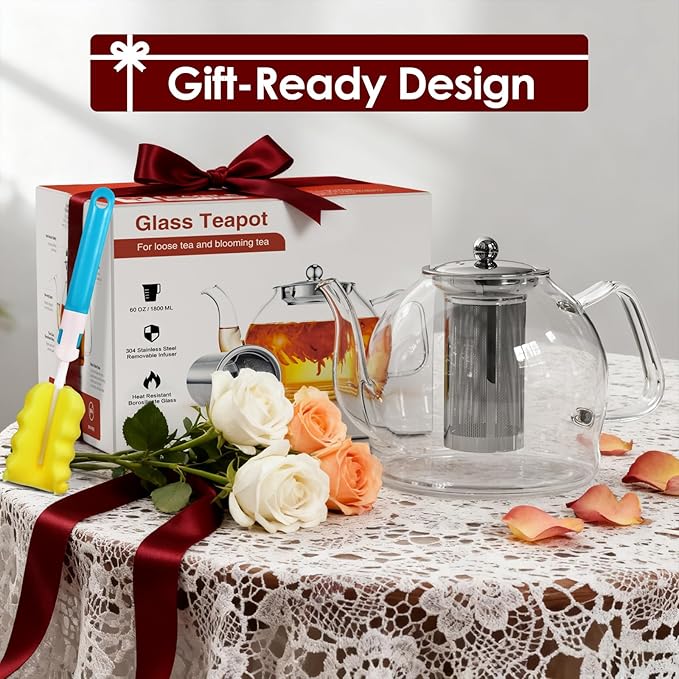 1800ml Glass Teapot with Infuser, Stovetop Safe Large Tea Pot, Hand Crafted Borosilicate Glass Tea Kettle, Blooming and Loose Leaf Tea Maker for Tea Lovers, Tea Gift Set with Cleaning Brush