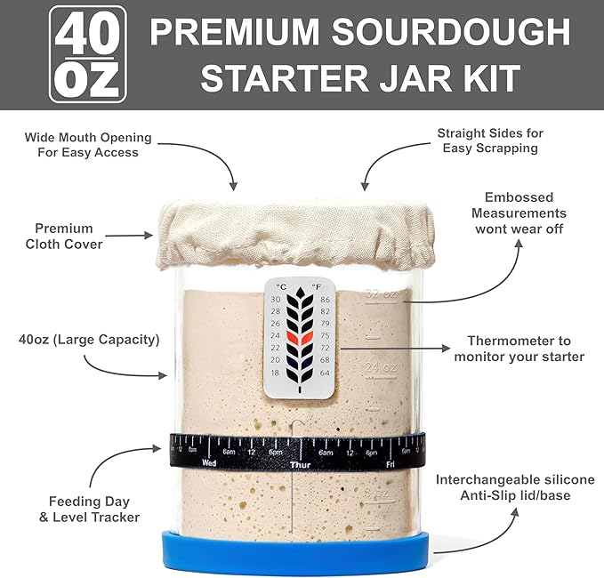 Premium Sourdough Starter Jar - 40oz Large Sourdough Jar with Marked Feeding Band, Thermometer, Scraper, Cloth Cover and Silicone Lid/Base, Wide Mouth Starter Kit - Blue/Red