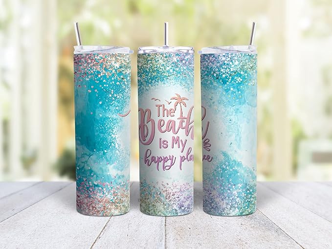 MRC Wood Products 20oz Skinny Tumbler The Beach Is My Happy Place - Stainless Steel Double Wall Insulated Cup With Lid And Straw
