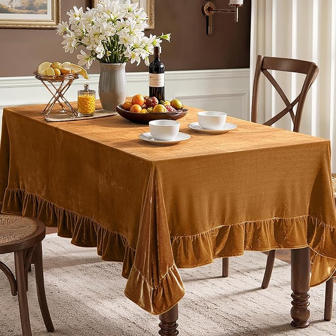 MIULEE Velvet Table Cloth with Decorative Ruffle Edge Luxurious Soft Washable Rectangular Tablecloth Thick Wrinkle-Resistant Oblong Table Cover for Kitchen Dining Party Wedding 60x120 Inch, Gold