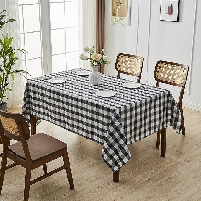 BALCONY & FALCON Gingham Table Cloth Rectangle – Machine Washable Wrinkle-Free Buffalo Checkered Tablecloth for 6ft 8ft Tables, Outdoor Picnic, Party, Kitchen Dining Decor (Black White, 57x118 Inch)