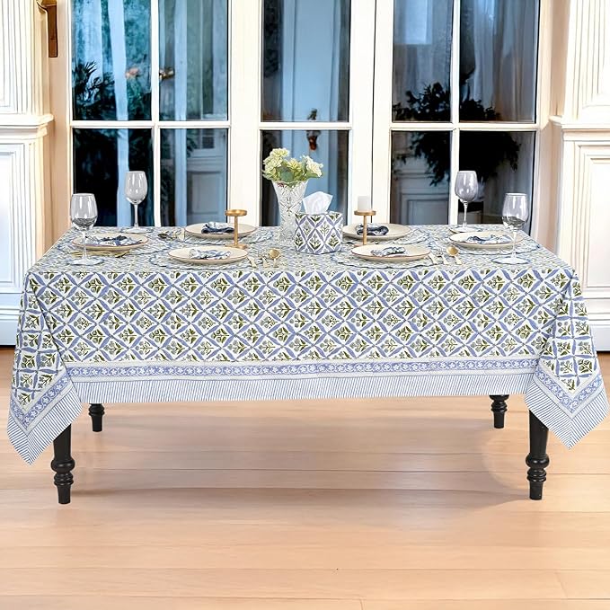 Ridhi Steel Blue 60x60 Inches Square 100% Cotton Hand Block Print Tablecloth Washable Halloween Thanksgiving/Christmas Parties/Wedding Use,Fall décor Farmhouse Dining Dinner Tablecloth