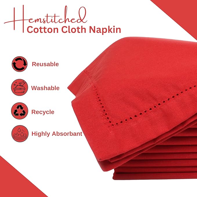 Lightnpro Hemstitched Cotton Napkins Set of 12 - Dinner Napkins, Washable Fabric Table Linens, Holiday, Christmas & Special Occasion Napkins, Elegant Cloth Napkins for Dining - 18x18 Inch Red