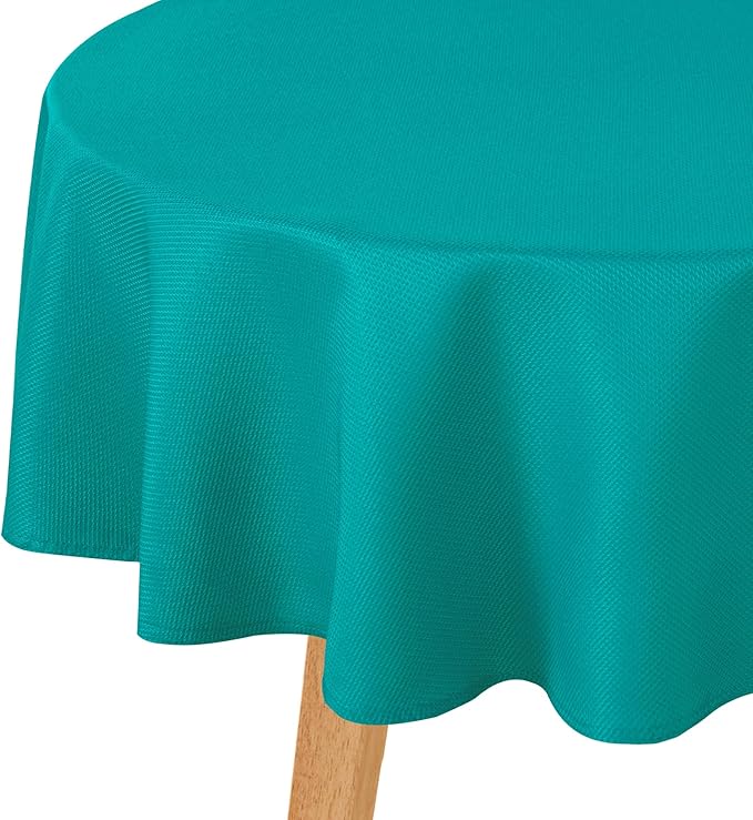 Hiasan Round Textured Tablecloth 60 Inch - Waterproof Spillproof Antiwrinkle Jacquard Table Cloth, Decorative Polyester Table Cover for Kitchen, Outdoor Picnic, Holiday and Parties, Turquoise