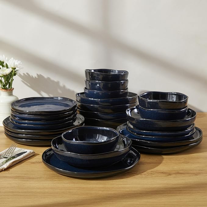 24 Pieces Dinnerware Set for 6 with Pasta Bowls, Complete Ceramic Dish Set, Stackable & Glossy Stoneware Plate and Bowl Set for Effortless Everyday Hosting, Starry Blue