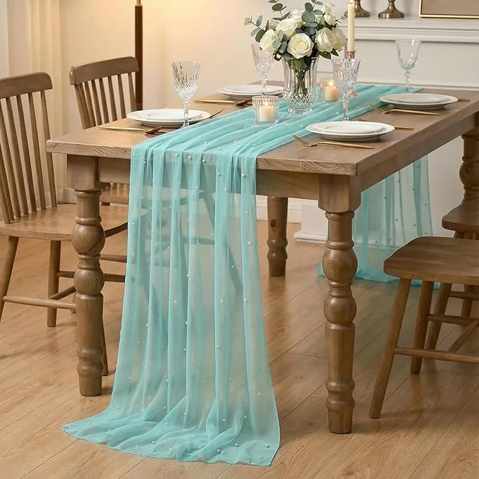 Artoid Mode Pearl Turquoise Gauze Table Runner 120 Inch 10FT, Seasonal Sheer Dining Holiday Wedding Birthday Baby Shower Table Decor for Home Party