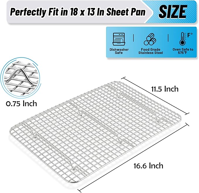 TeamFar Cooling Rack Set of 2, Stainless Steel 16.5’’ x 11.5’’ Baking Rack for Oven Cooking Roasting Grilling, Wire Rack for Cooling Cookies, Fits Half Sheet Pan, Healthy & Heavy Duty, Dishwasher Safe