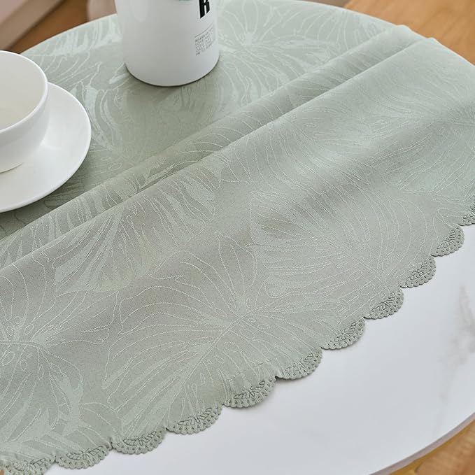 Round Tablecloth Green Small 40 Inch Table cloths Up to 26" Dia Tables Leaves Pattern Scalloped Edge Waterproof Washable Jacquard Table Cover-Kitchen Dining Room Tabletop Decor Coffee Bar