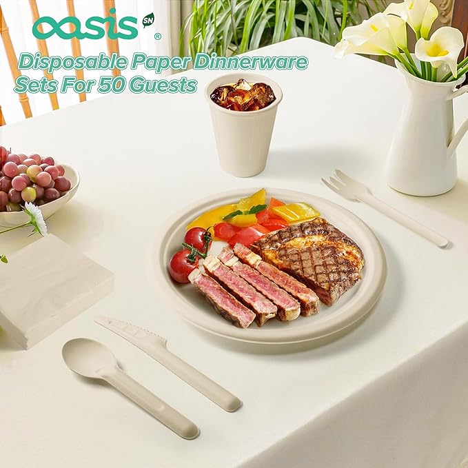 300PCS Disposable Paper Dinnerware Set for 50 Guests – Compostable Includes 50 Each 6" Dessert Plates, 9" Dinner Plates, Spoons, Forks, Knives and Napkins, Ideal for Parties (Natural)