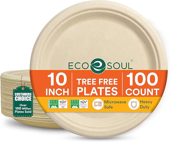ECO SOUL 100% Compostable Paper Plates 10 Inch [100-Pack] Biodegradable Heavy Duty Eco-Friendly Disposable Plates for Dinner, Parties, Wedding & Event