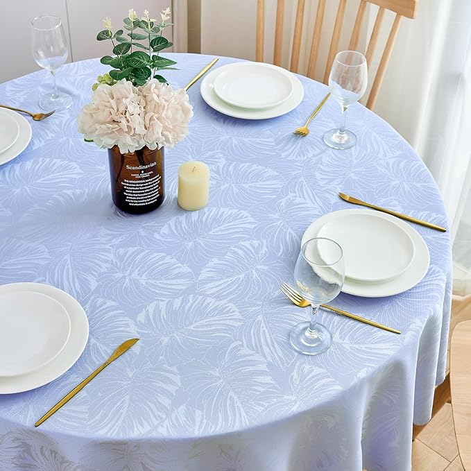 Round Tablecloth 80 Inch Fabric Table cloth Leaves Pattern Scalloped Edge Silky Soft Tablecloth Waterproof Wrinkle Resistant Washable Table Cover Dinning Party Banquet Decoration (Purple)