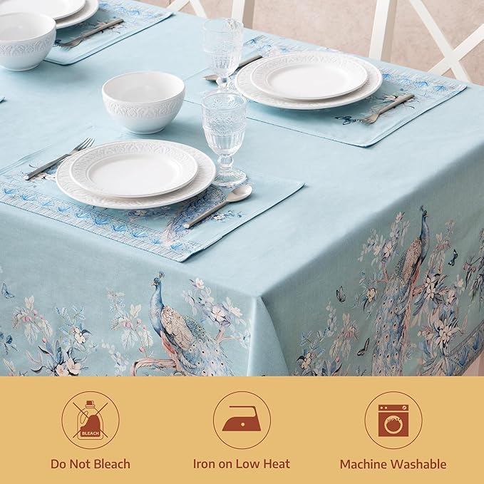 Maison d' Hermine Premium Table Cloth Rectangle Table 100% Combed Cotton 120 x 70 Inches Tablecloth Reusable Decorative for Dining Room Home Party Festive Wedding - Peacock Utopia - Pastel Turquoise