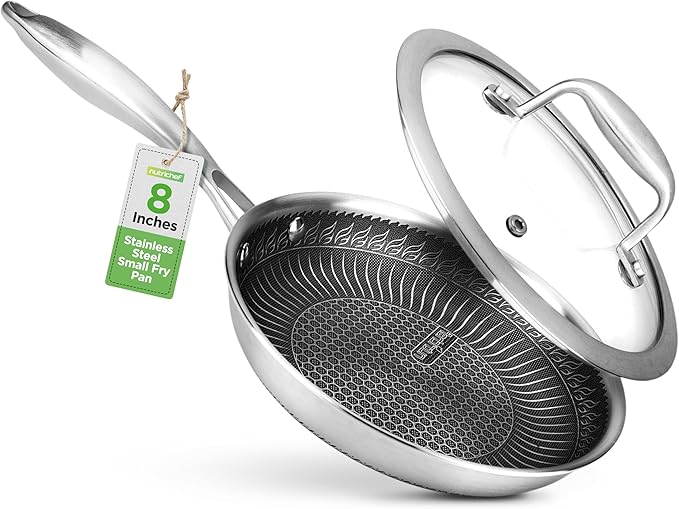 NutriChef 8” Stir Fry Pan with Glass Lid – Non-Stick Frying Pan, Triply Stainless Steel Cookware, DAKIN Etching Non-Stick Coating, Aluminum Core for Quick and Even Heat, Oven Safe, Dishwasher Safe