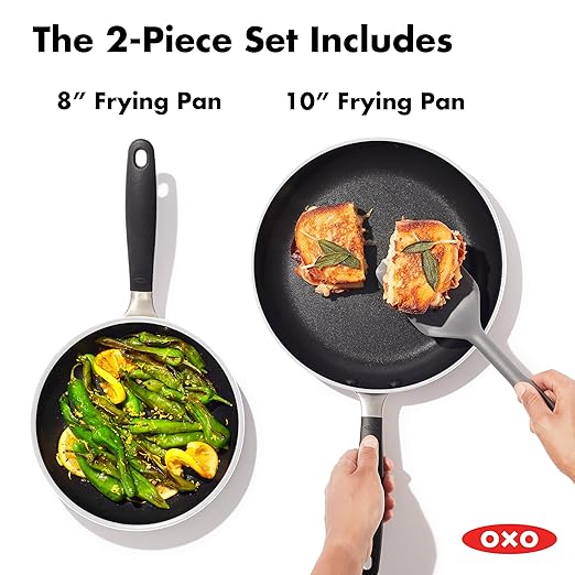 OXO Non-Stick Every Day Frying Pan Set, BPA-Free Comfort Grip Silicone Handles, Dishwasher & Oven Safe, PFAS-Free Ceramic Skillets, Black, 8” & 10”