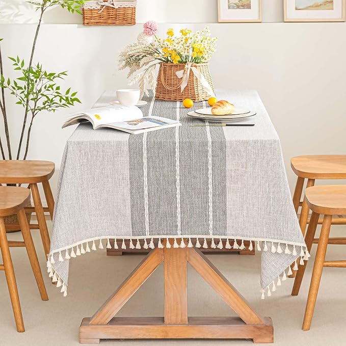 SIELUNO Farmhouse Tablecloth Cotton Linen Waterproof Burlap Table Cloth Rectangle Table Cloths for Kitchen Dinning Tabletop Decoration-Grey Stripe-Rectangle, 55''x70'', 4-6 Seats
