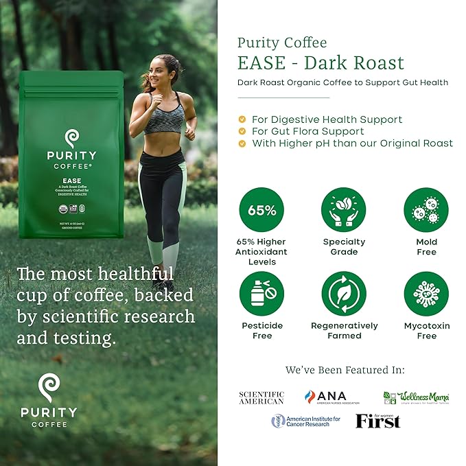 Purity Coffee EASE Low Acid Dark Roast Ground (12oz Bag) | Specialty-Grade USDA Organic Arabica Blend | Third Party Tested for Mold, Mycotoxins & Pesticides