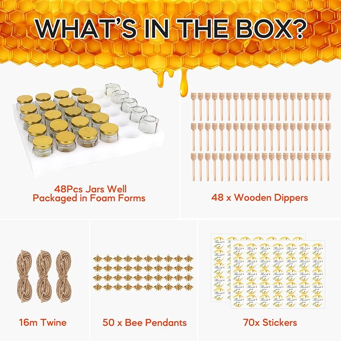 AuroTrends 3oz Honey Jars with Dipper 48Pack, Mini Honey Jars for Baby Shower Favors/Wedding Favors for Guests Bulk-Mini Glass Jars with Lids/Wooden Dippers (3 fl.oz-48Pack)