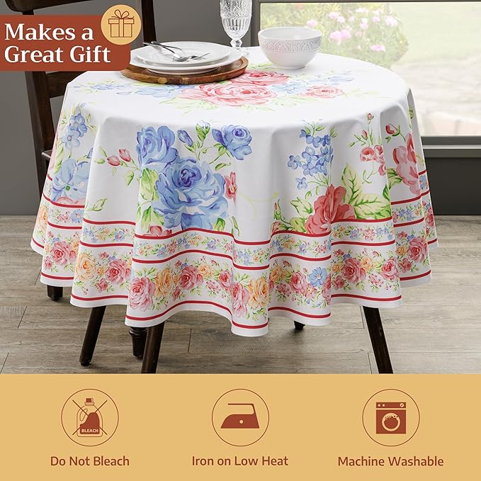 Maison d' Hermine Table Cloth Round Table 100% Cotton 63 Round Inches Tablecloth Reusable Decorative for Dining Room Farmhouse Home Valentines Day Decorations Spring Summer - Vintage Floral