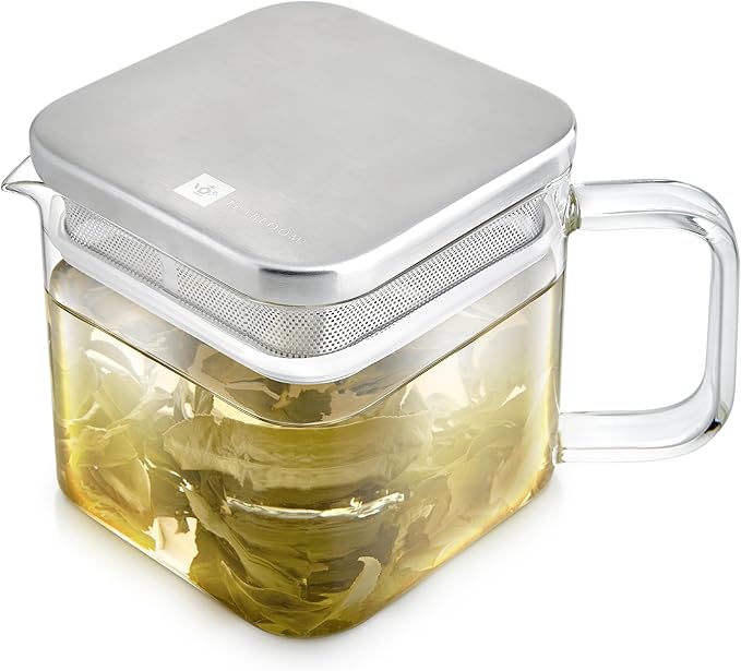 Teabloom Stackable Cube Glass Teapot for All Types of Teas – 27 oz (800mL) – Heat-Resistant Borosilicate Glass, Stainless Steel Filter Lid, Space-Saving Stackable Design