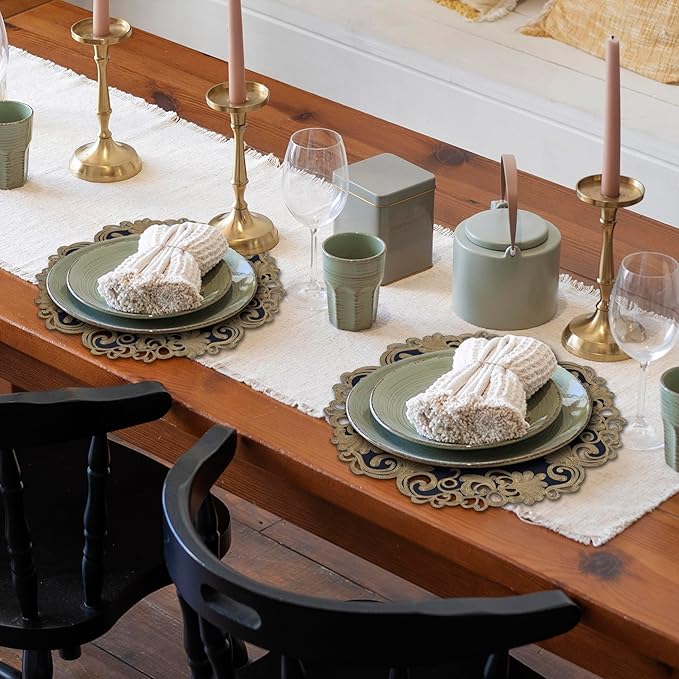 Decozen Set of 12 Doilies for Table, Lace Doilies - Rustic, Crochet, Farmhouse, Kitchen, Round Christmas Placemats - Dining Table Centerpiece Decor - 15 inch Gold Blue, The Vintage Opulence Collection